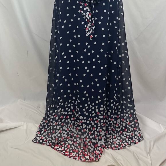 R & K Sheer Navy White Polka Dots Pleated Belted Feminine Maxi Dress NWOT Size 8 - Picture 4 of 13